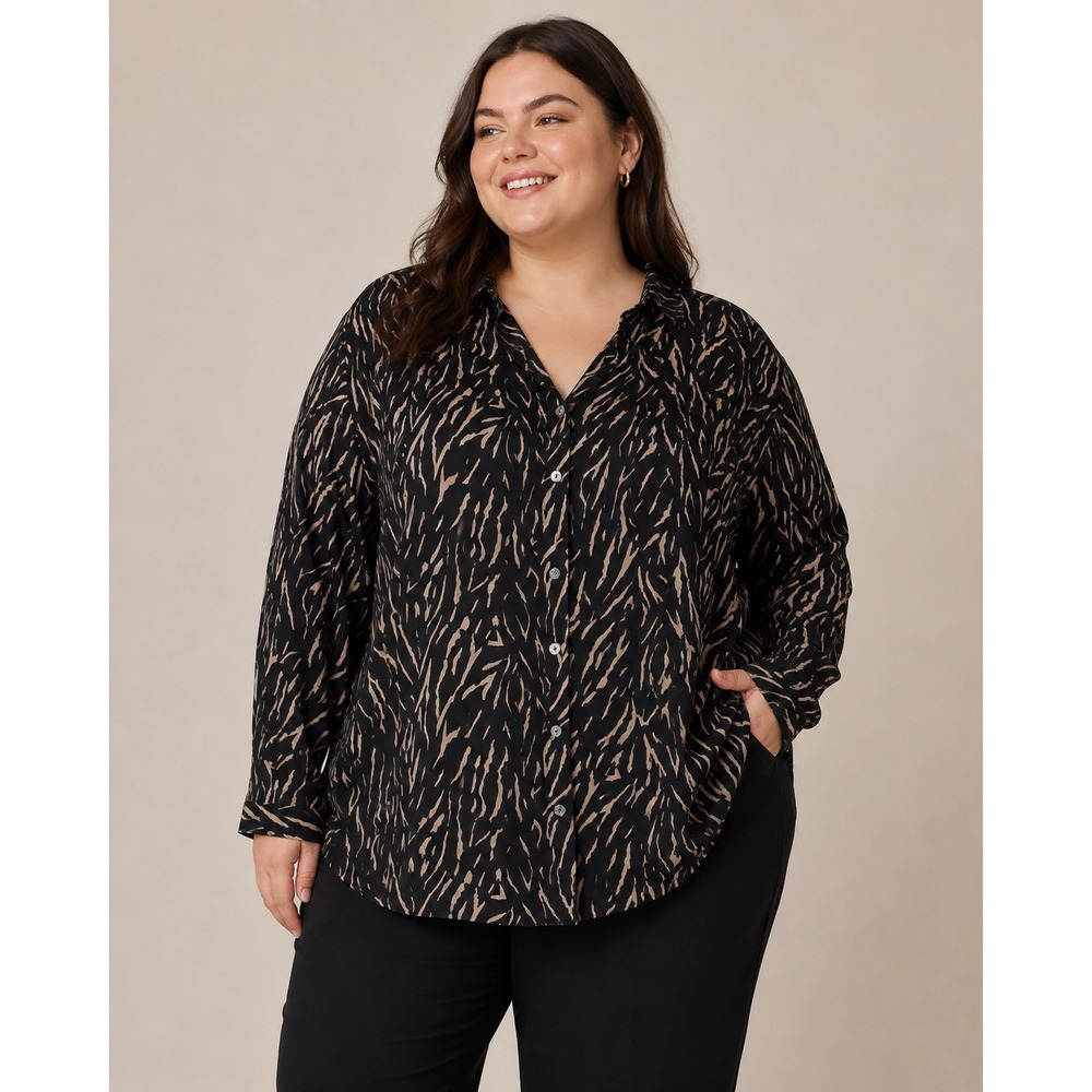 Vintage Galinda 100% Silk Animal Print Button Front Blouse 24W Black Beige